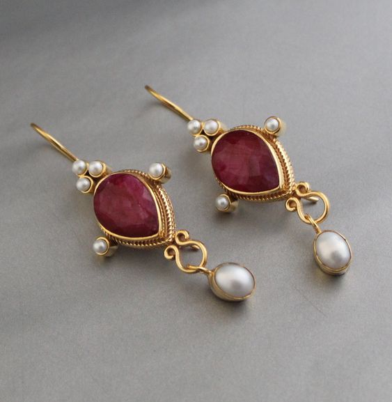 Boucles d'oreilles Vintage en Rubis et Perle