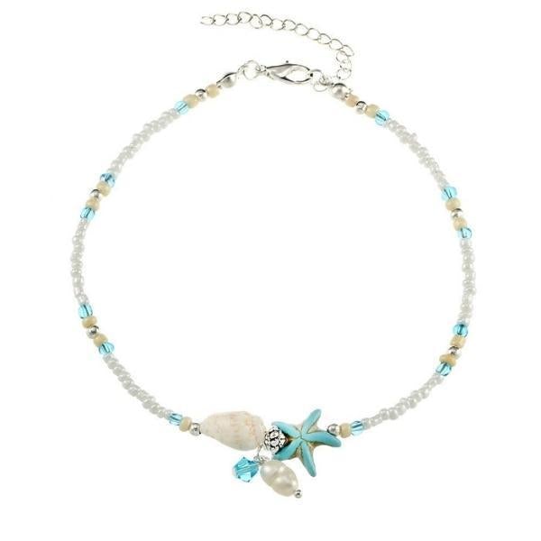 Bracelet de cheville ornée d'étoiles, de coquillages et de pierres naturelles