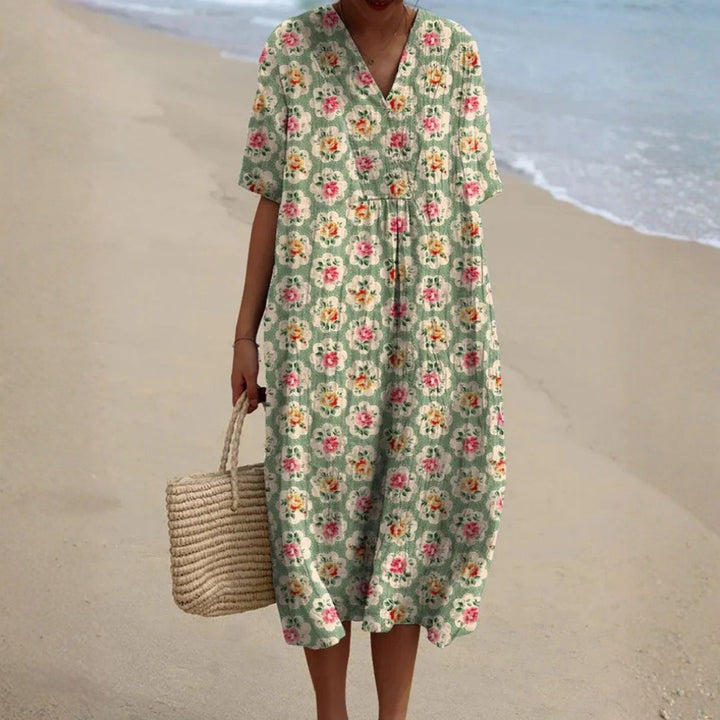 Eulállia - Robe Florale Rétro en Vert Eau