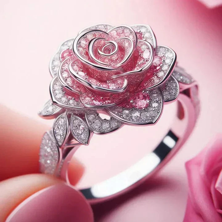 Bague Exotique Argentée aux Fleurs Roses