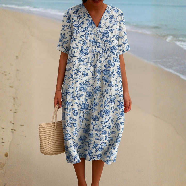 Magnolia - Robe en Ivoire Décorée de Fleurs en Bleu Porcelaine