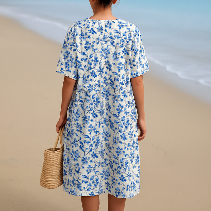 Magnolia - Robe en Ivoire Décorée de Fleurs en Bleu Porcelaine