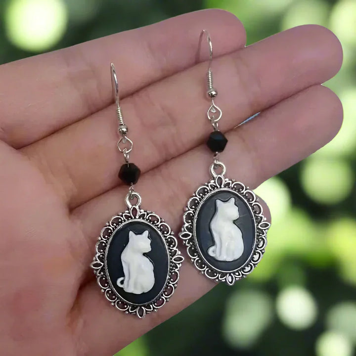 Pendantes Vintage en Argent - Boucles d'Oreilles Chat Blanc pour Femme