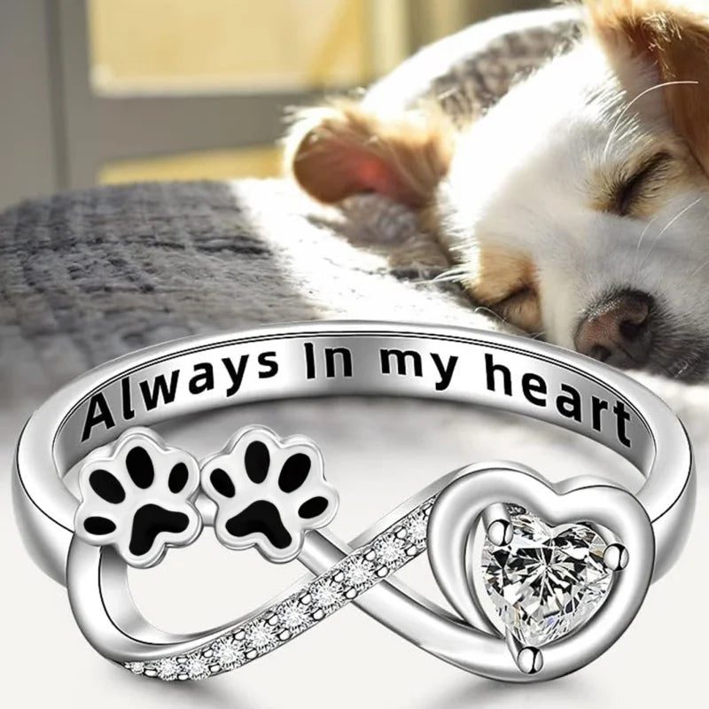 Bague en zirconium en forme de patte avec design cœur et symbole infini