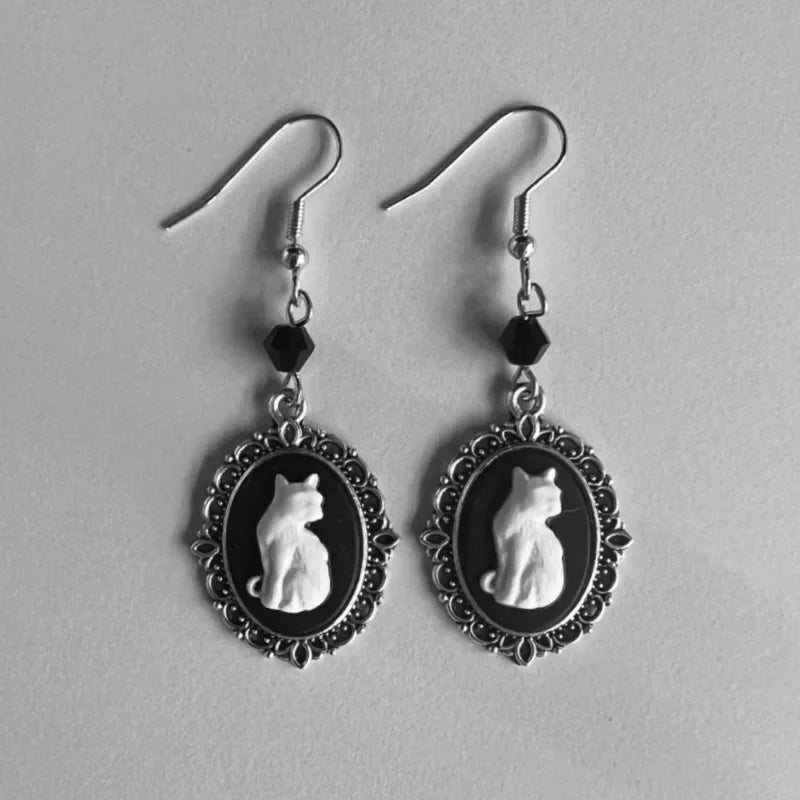 Pendantes Vintage en Argent - Boucles d'Oreilles Chat Blanc pour Femme
