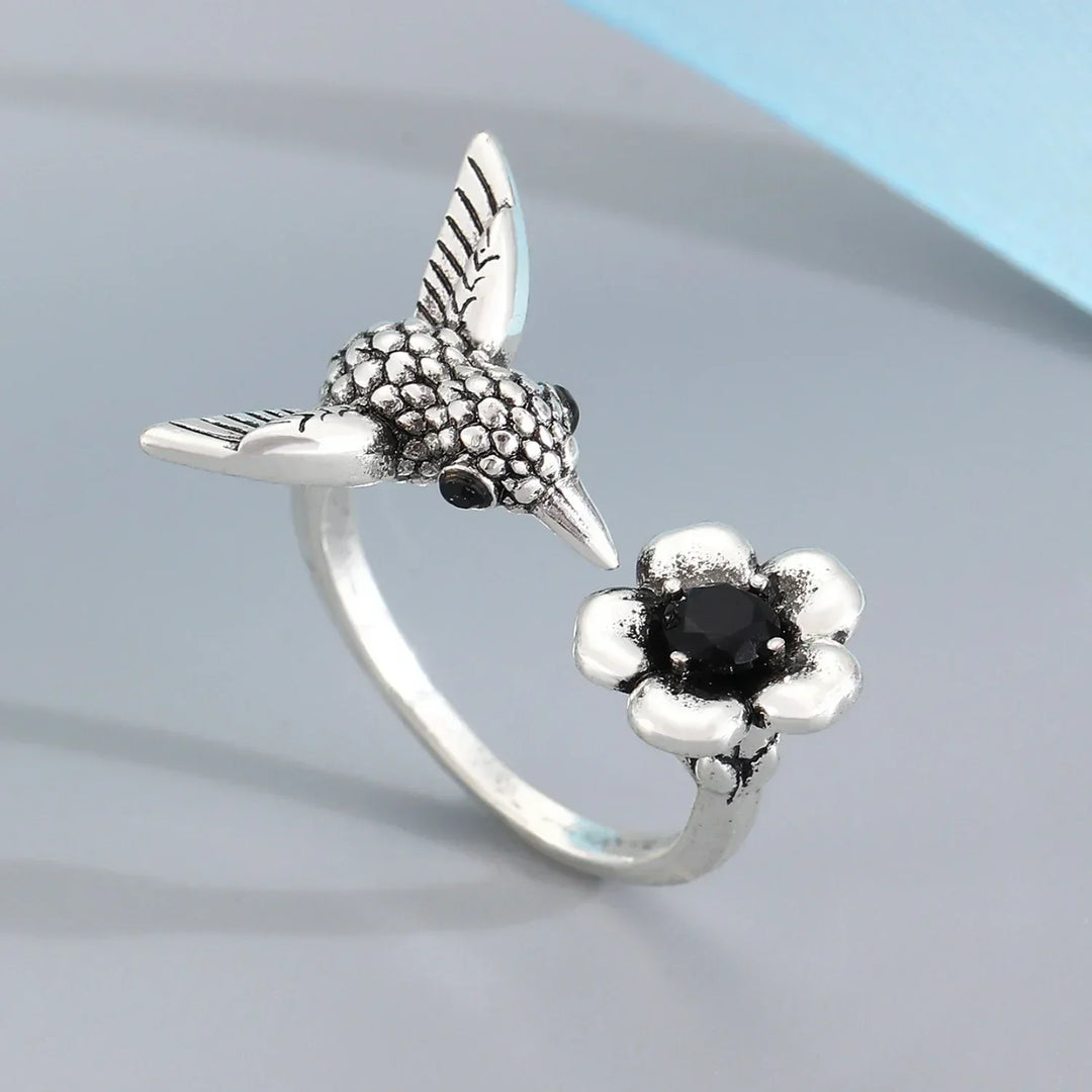 Bague réglable Colibri et Fleur – Design ouvert pour femme