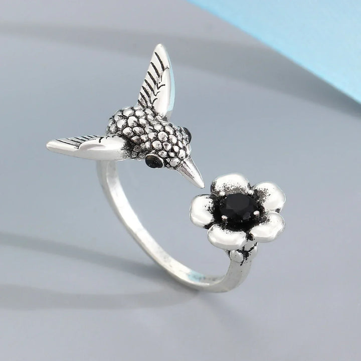 Bague réglable Colibri et Fleur – Design ouvert pour femme