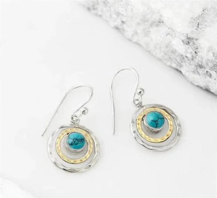 Boucles d'oreilles Boho Saturne en Argent et Or avec Pierre Turquoise
