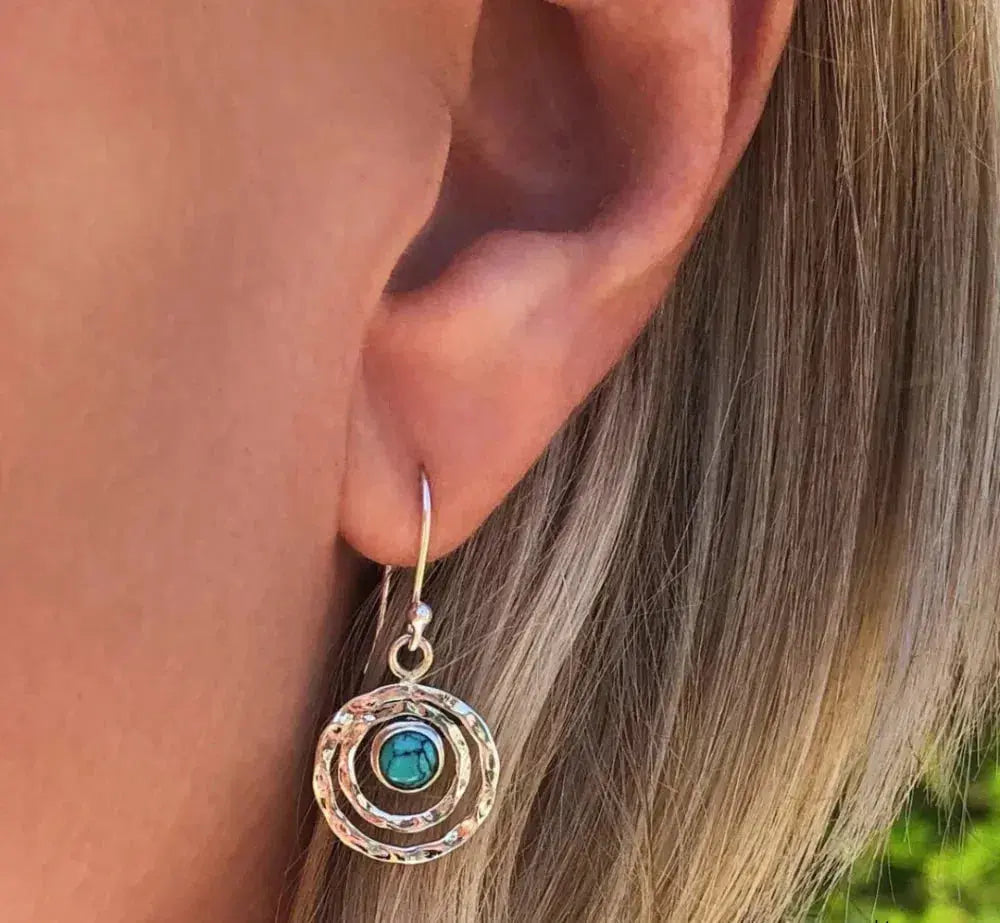Boucles d'oreilles Boho Saturne en Argent et Or avec Pierre Turquoise