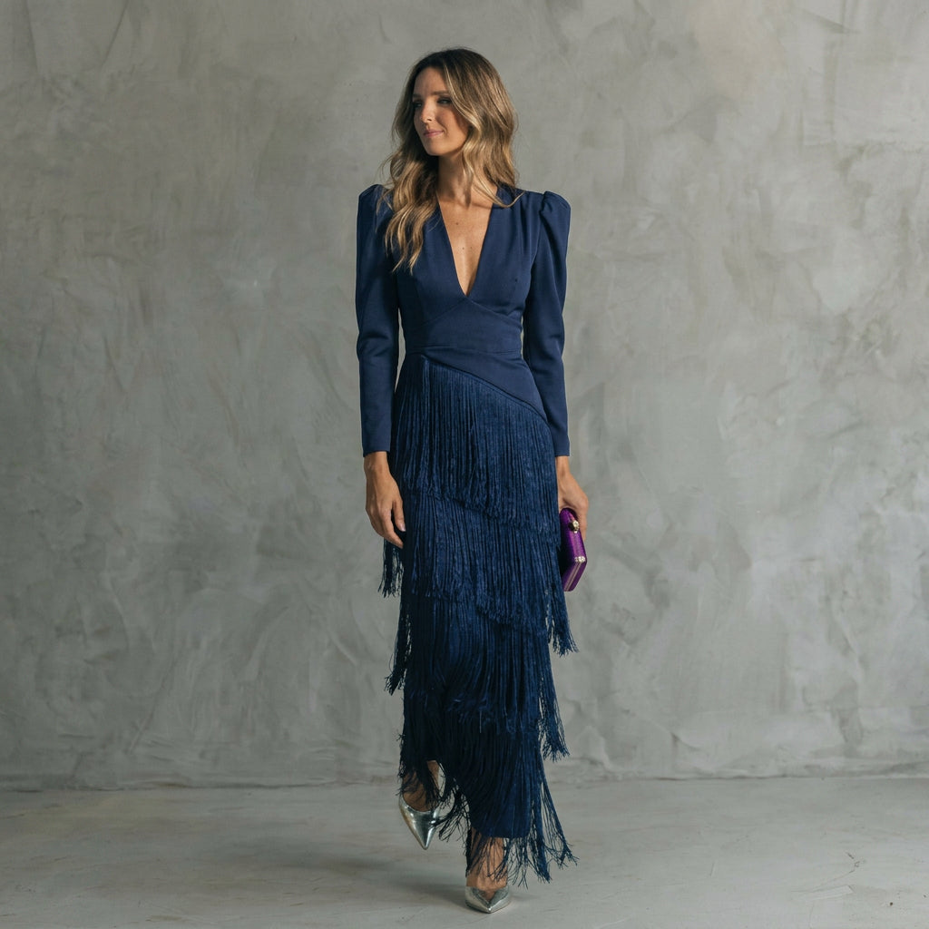 Gabriela - Robe Longue à Franges avec Décolleté en V