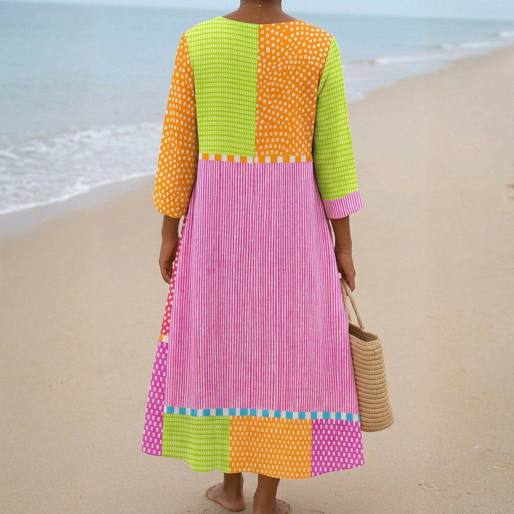 Fátima - Robe en Patchwork Coloré avec Pois et Rayures