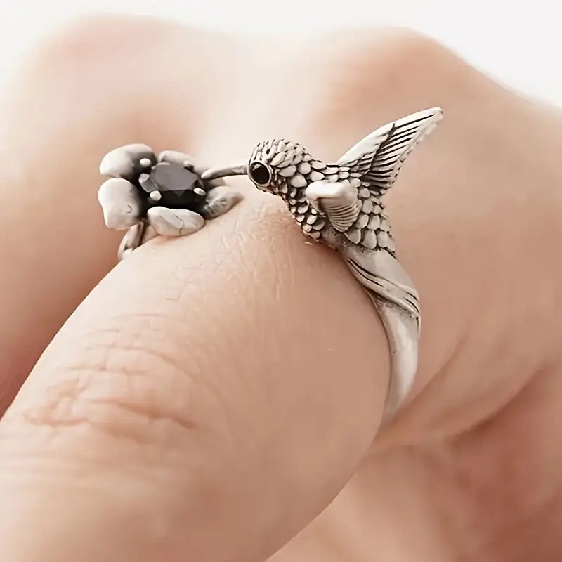 Bague réglable Colibri et Fleur – Design ouvert pour femme