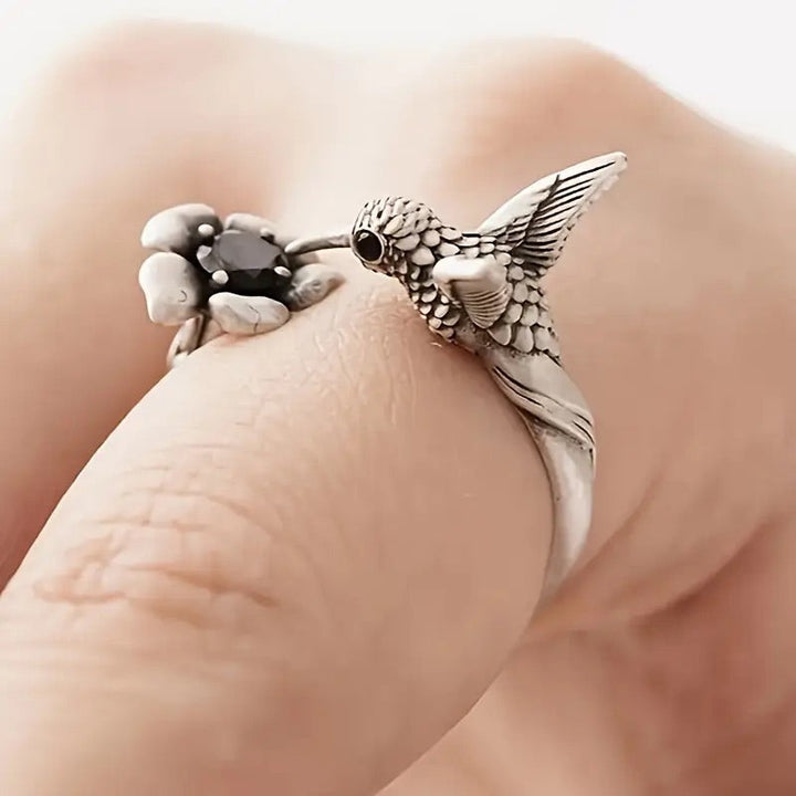 Bague réglable Colibri et Fleur – Design ouvert pour femme