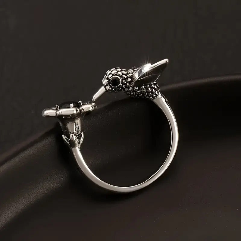 Bague réglable Colibri et Fleur – Design ouvert pour femme