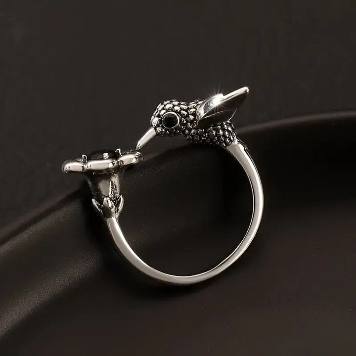 Bague réglable Colibri et Fleur – Design ouvert pour femme