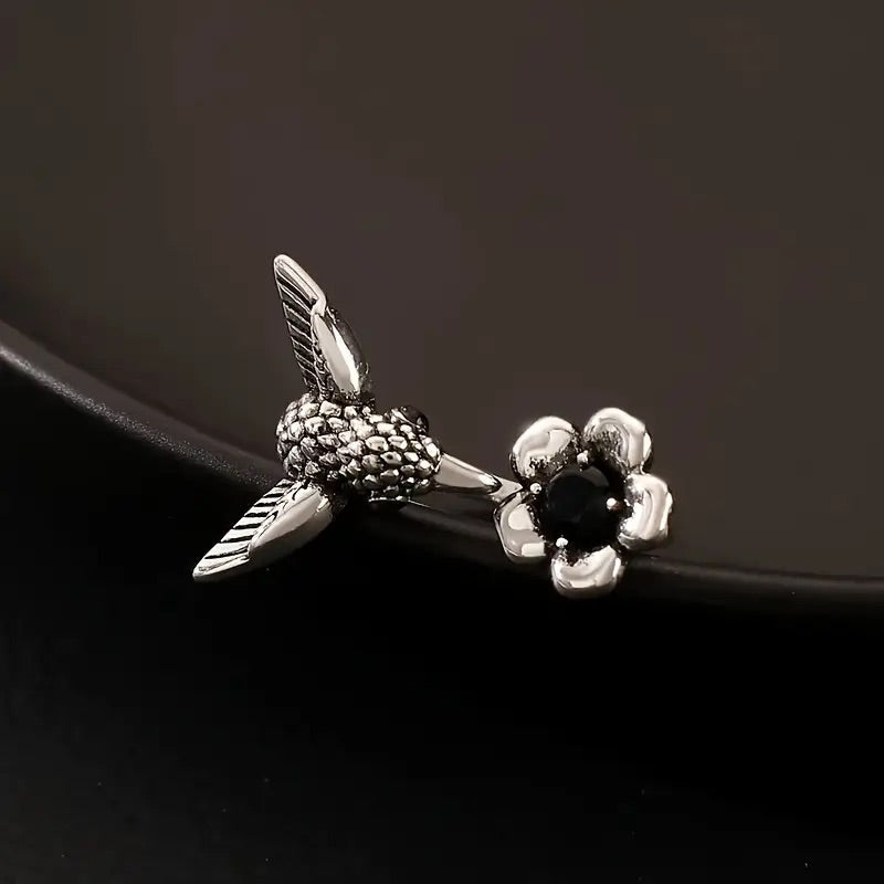 Bague réglable Colibri et Fleur – Design ouvert pour femme