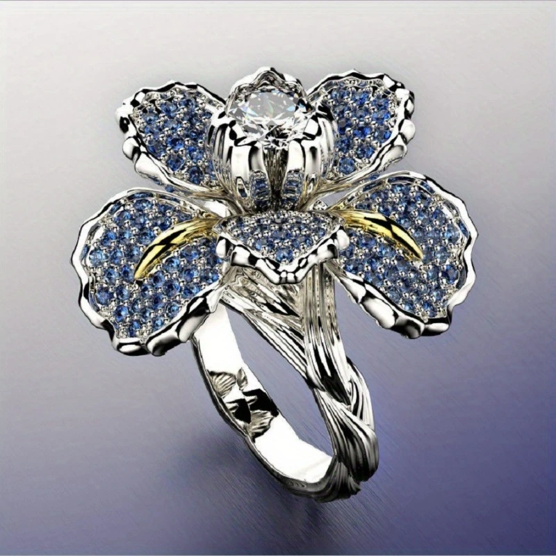 Anneau en Argent avec Fleur Bleue et Pierre Cristalline