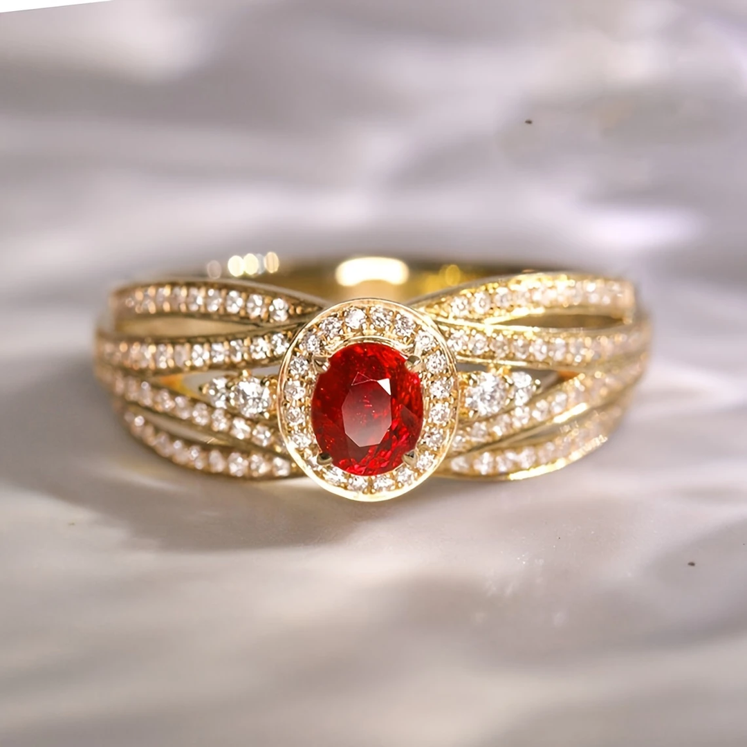 Bague Dorée à Plusieurs Couches avec Brillance Rouge