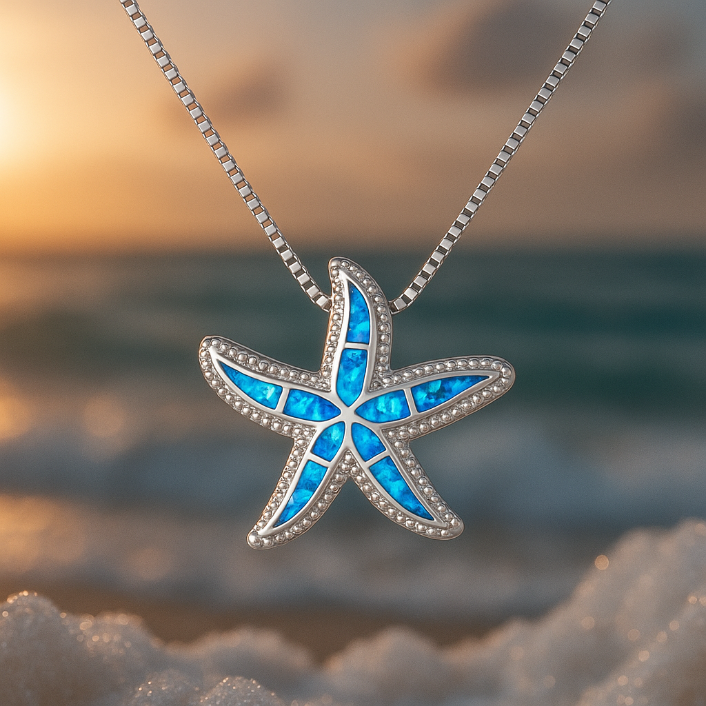 Collier Argenté avec Étoile de Mer Éclatante en Bleu et Opale