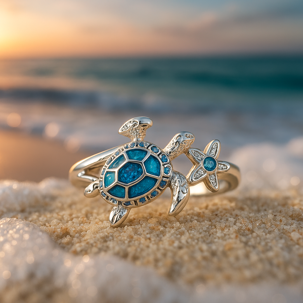 Anneau en Argent avec Tortue et Opale Bleue