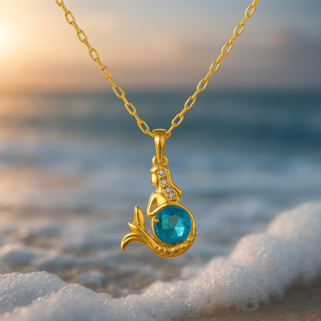 Collier Doré Sirène avec Pierre Cristalline Bleue