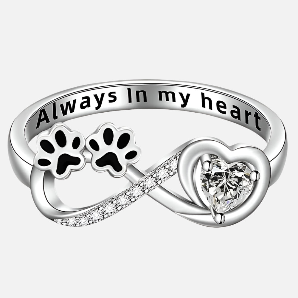 Bague en zirconium en forme de patte avec design cœur et symbole infini