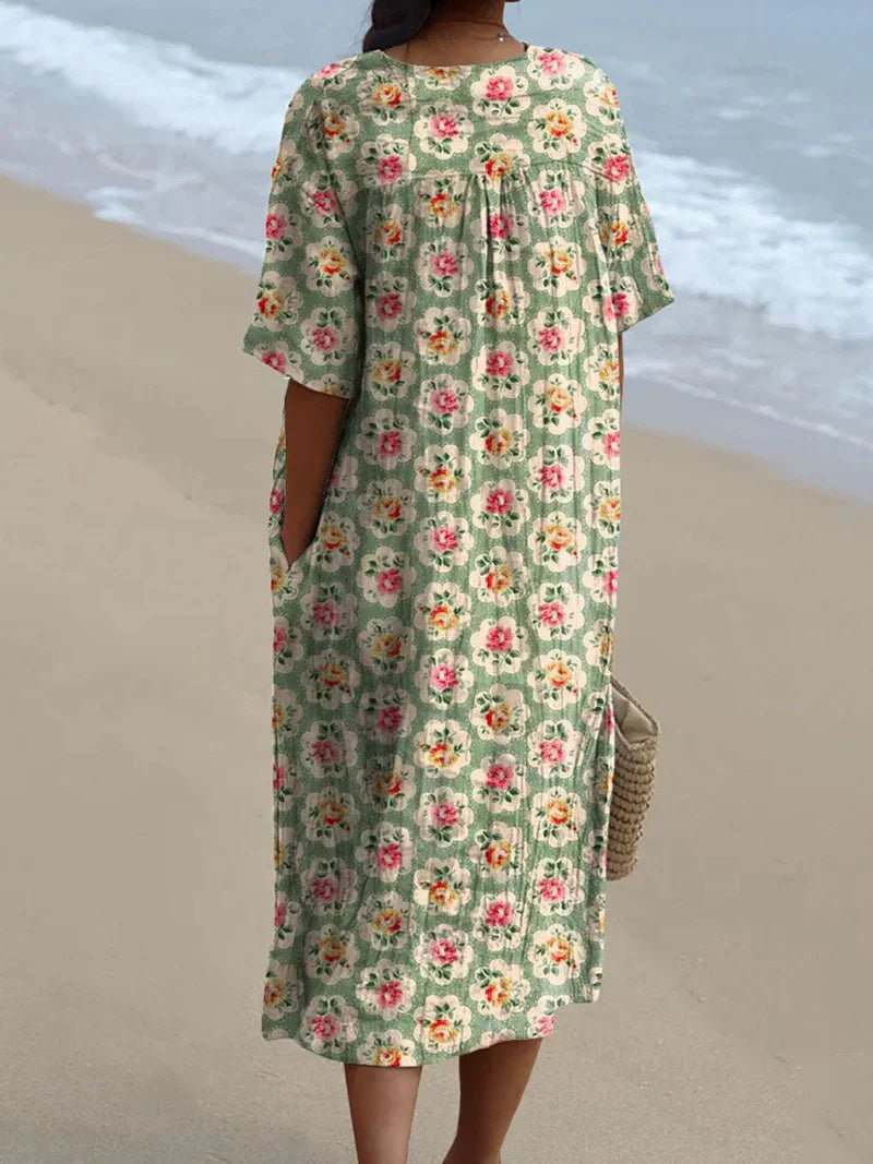 Eulállia - Robe Florale Rétro en Vert Eau